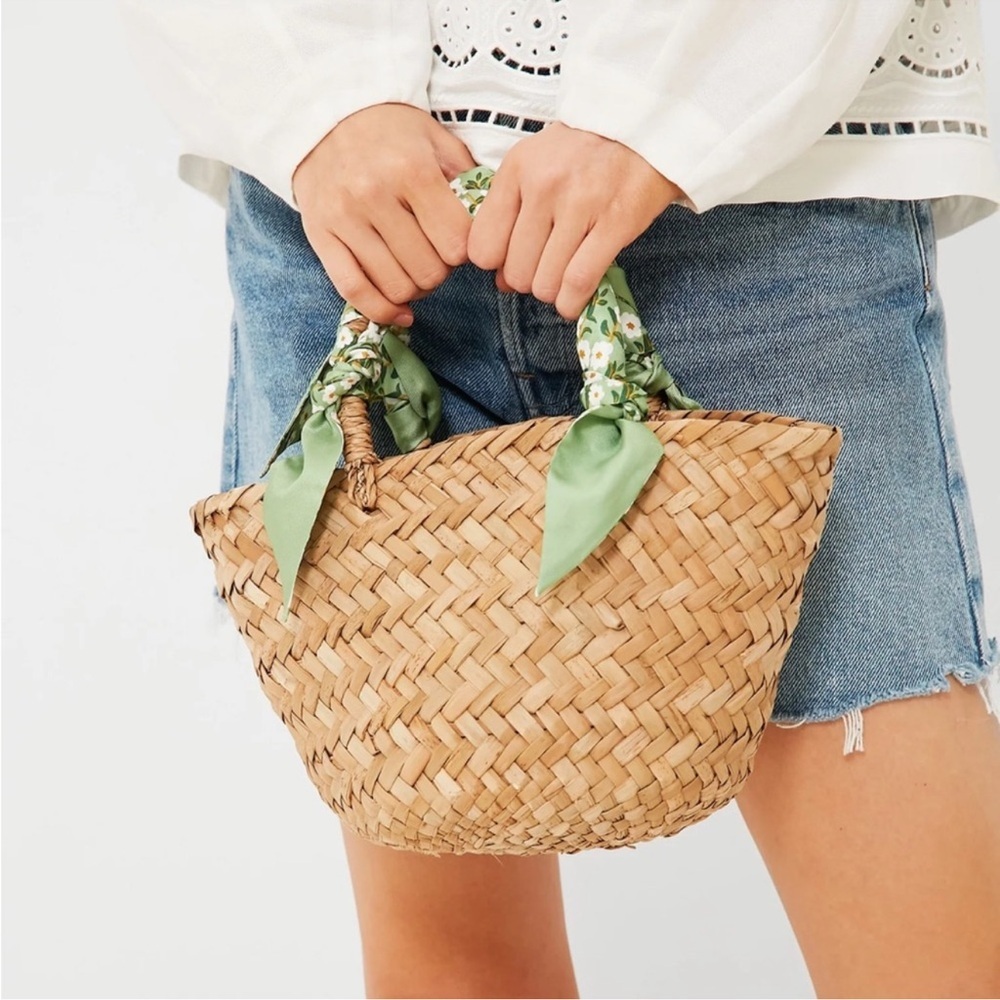 Kayu Green Floral Mini Natalie Woven Straw Tote with Green Scarf-Handle